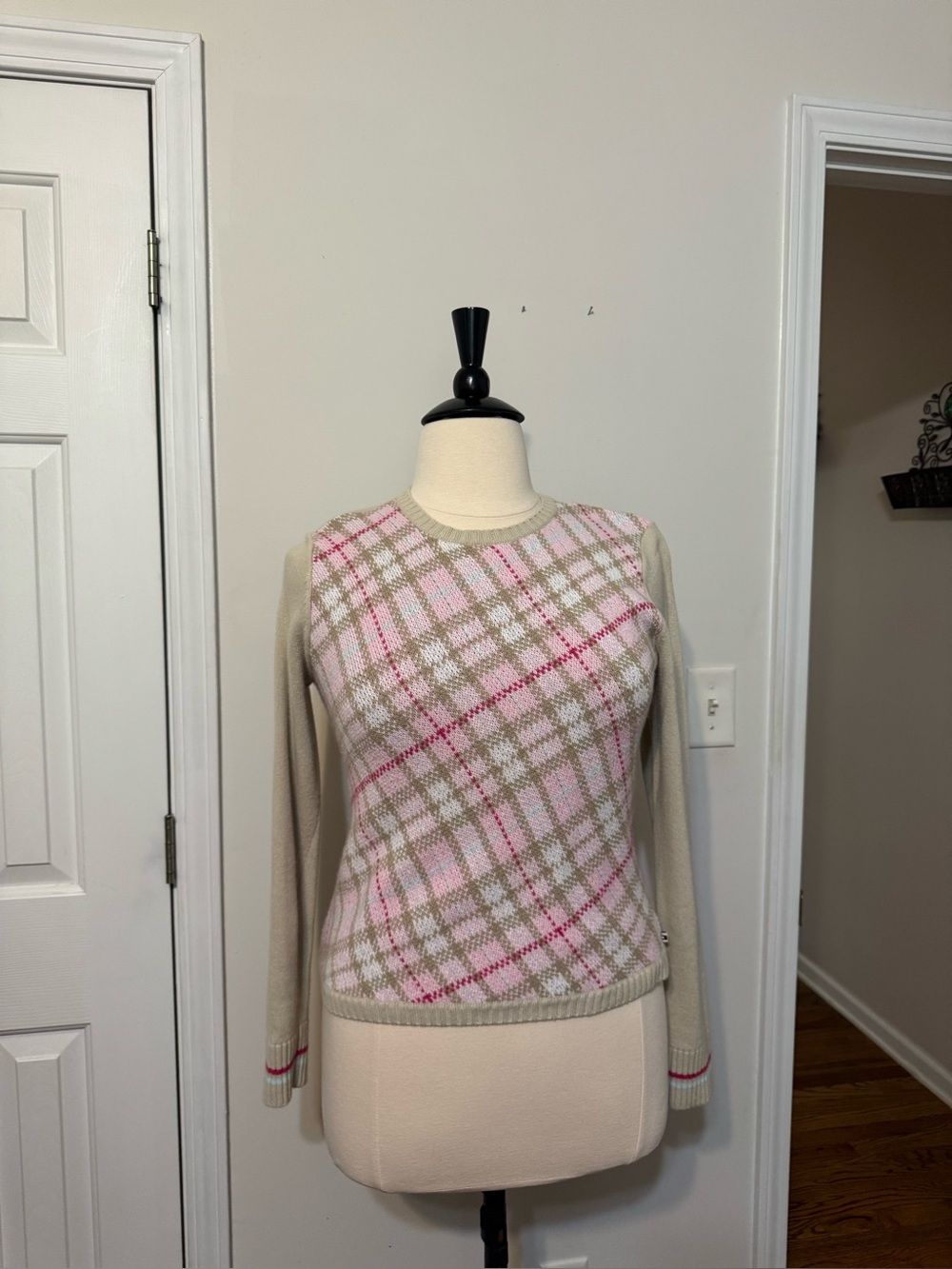 Tommy Hilfiger Pink & Beige Plaid Crewneck Sweater